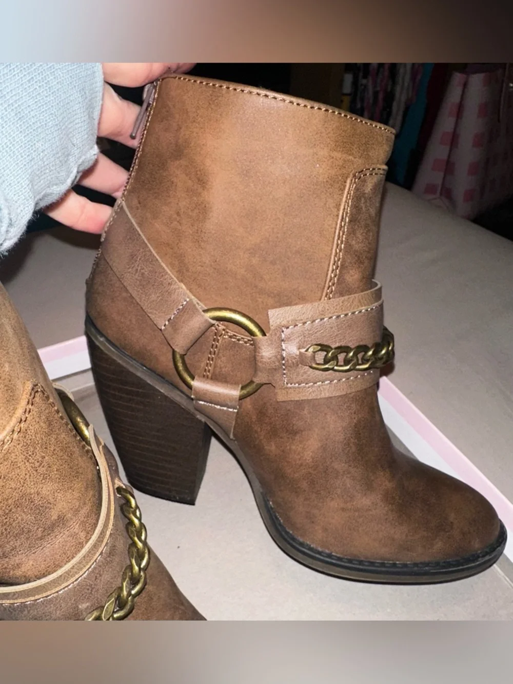 Candie’s Cognac Brown Ankle Booties with Decorative Ring and Chain - Picture 5 of 9